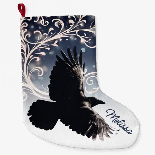 Raven in vlucht Wintery Blauw Wit Swirl Elegant Grote Kerstsok (Voorkant)