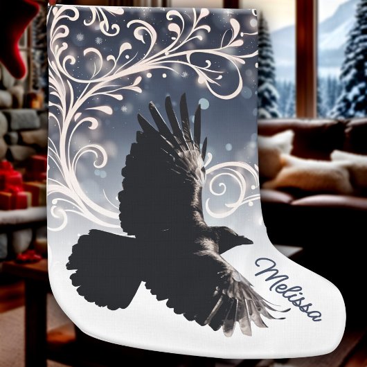 Raven in vlucht Wintery Blauw Wit Swirl Elegant Grote Kerstsok