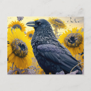 Raven in zonnebloemveld briefkaart