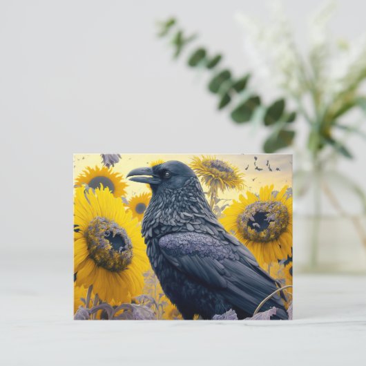Raven in zonnebloemveld briefkaart (Staand voorkant)