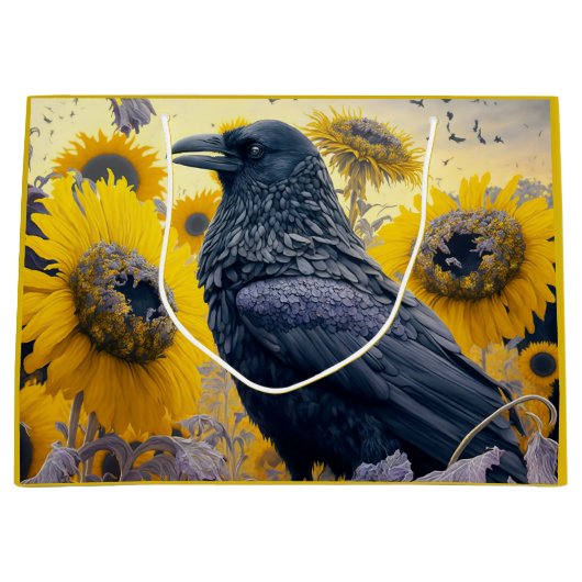 Raven in zonnebloemveld groot cadeauzakje (Voorkant)