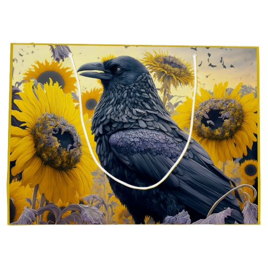 Raven in zonnebloemveld groot cadeauzakje (Achterkant)