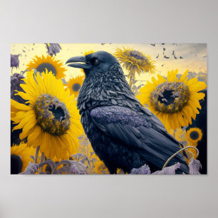 Raven in zonnebloemveld poster