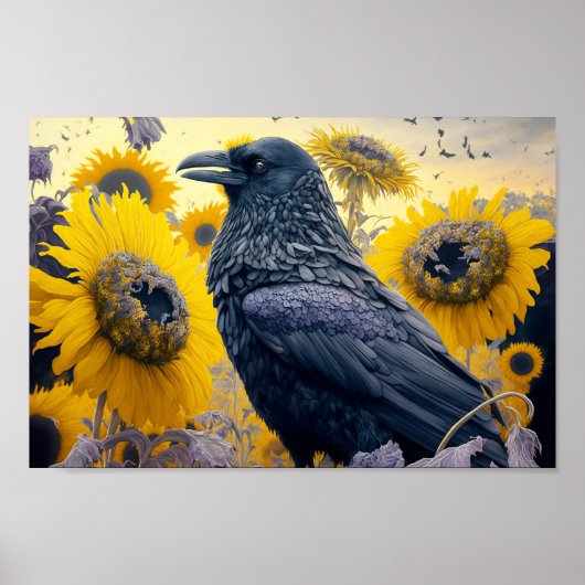 Raven in zonnebloemveld poster (Voorkant)