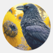 Raven in zonnebloemveld ronde sticker (Voorkant)