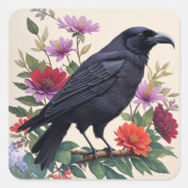 Raven Kleurrijke Bloemen Art Vierkante Sticker
