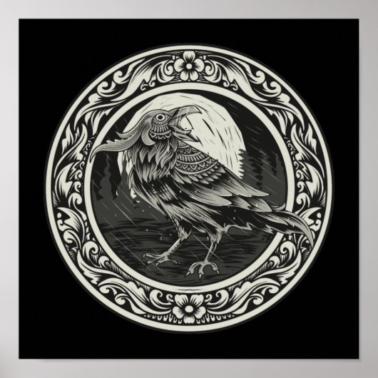 Raven Medallion Carving Art Bird Natuur Poster (Voorkant)