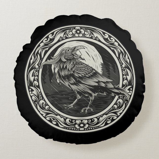 Raven Medallion Carving Art Bird Natuur Rond Kussen (Voorkant)