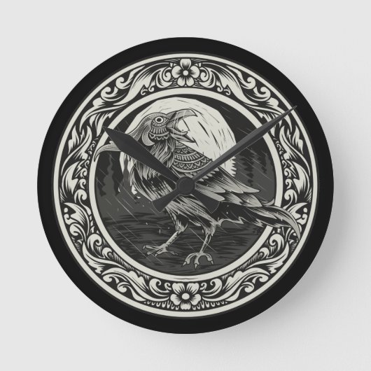 Raven Medallion Carving Art Bird Natuur Ronde Klok (Voorkant)