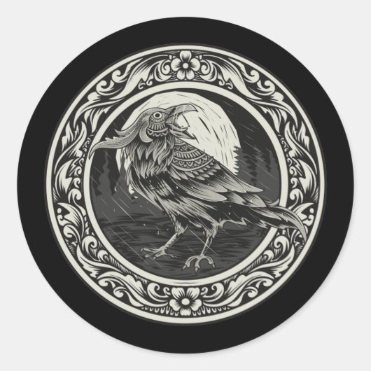 Raven Medallion Carving Art Bird Natuur Ronde Sticker (Voorkant)
