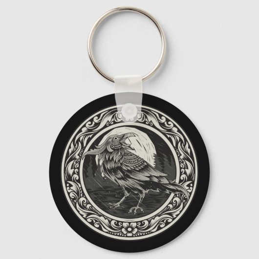 Raven Medallion Carving Art Bird Natuur Sleutelhanger (Voorkant)