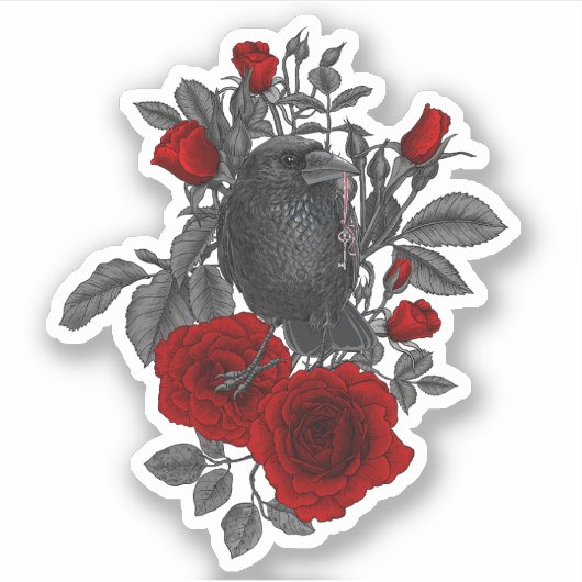 Raven met de sleutel en rozen sticker (Voorkant)