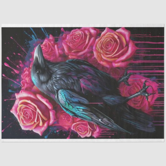 Raven met Neon Pink Roses Pop Art Decoupage Tissuepapier (Voorkant)