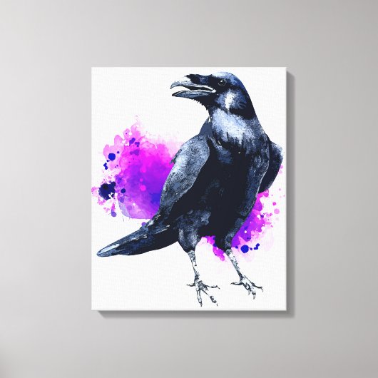 Raven met Paarse Waterverf Splash-achtergrond Canvas Afdruk (Voorkant)