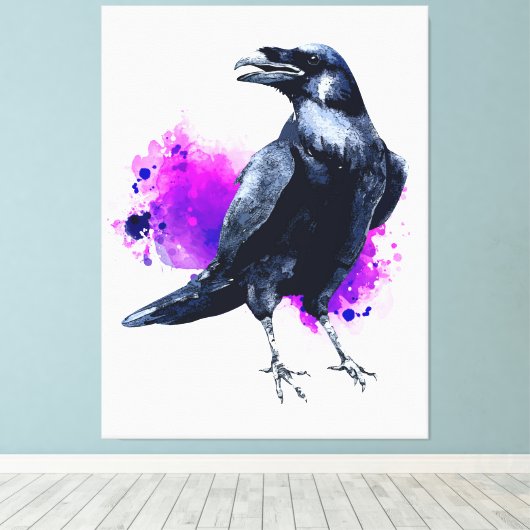 Raven met Paarse Waterverf Splash-achtergrond Canvas Afdruk (Insitu (Houten vloer))