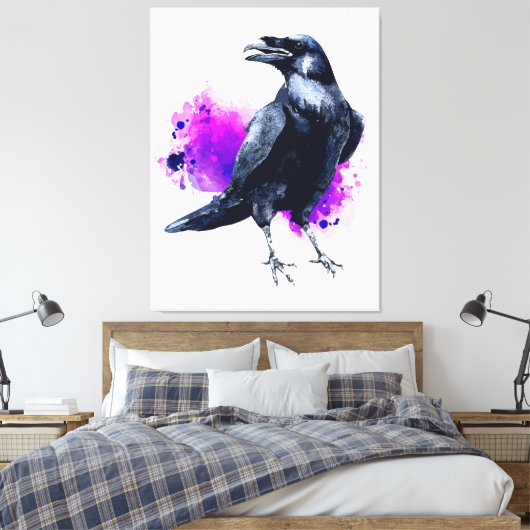Raven met Paarse Waterverf Splash-achtergrond Canvas Afdruk (Insitu (Slaapkamer))