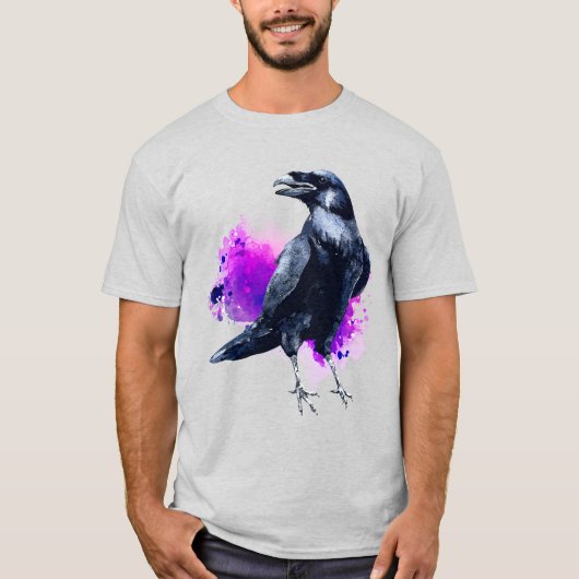Raven met Paarse Waterverf Splash-achtergrond T-shirt (Voorkant)