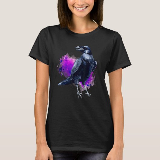 Raven met Paarse Waterverf Splash-achtergrond T-shirt (Voorkant)