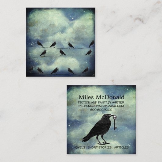 Raven met skeletsleutel en vogels zitten op draad vierkante visitekaartje (Voorkant / Achterkant)