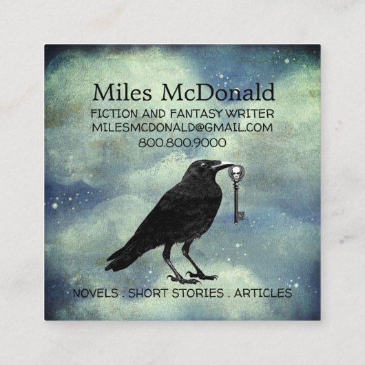 Raven met skeletsleutel en vogels zitten op draad vierkante visitekaartje (Achterkant)
