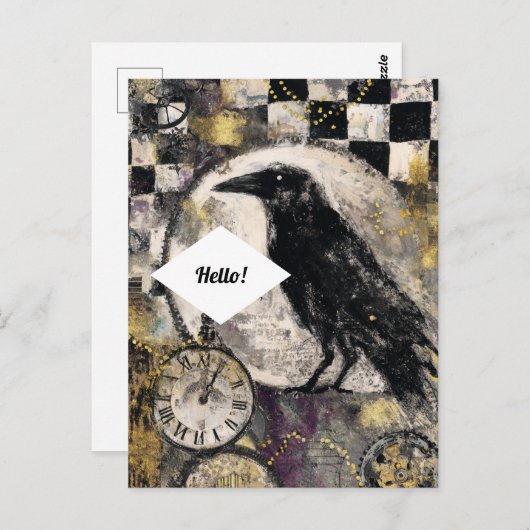 Raven Mixed Media Collage Briefkaart (Voorkant / Achterkant)