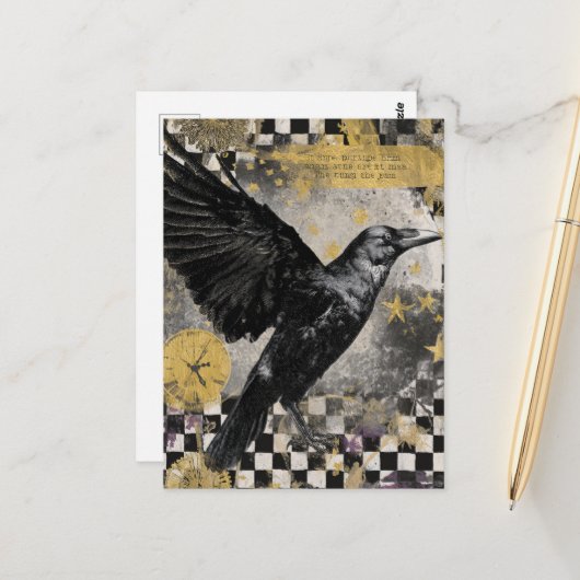 Raven Mixed Media Collage Briefkaart (Voorkant / Achterkant in situ)