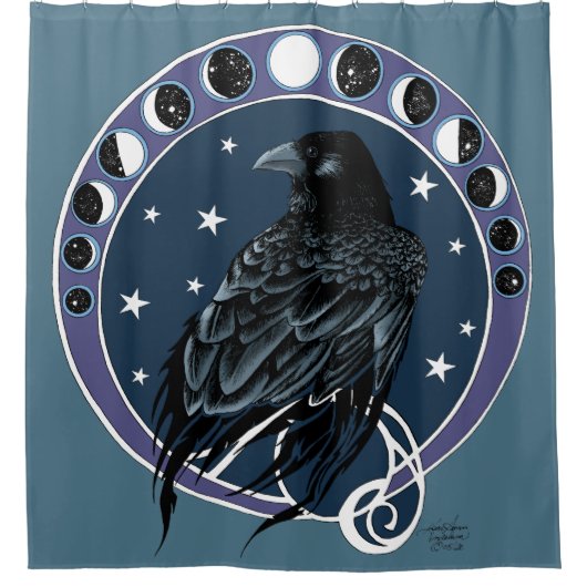 Raven Moon Phases sterren blauw Douchegordijn (Voorkant)