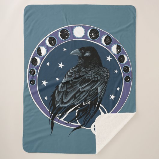 Raven Moon Phases sterren blauw Sherpa Deken (Voorkant)