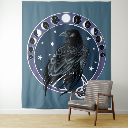 Raven Moon Phases sterren blauw Wandkleed (In situ)