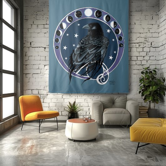 Raven Moon Phases sterren blauw Wandkleed