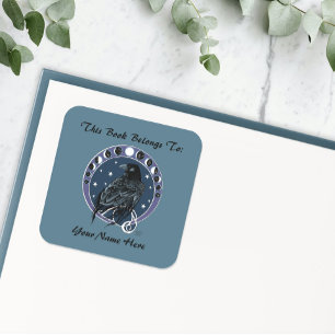 Raven Moon Phases Sterren Blauwe Boekplaat Vierkante Sticker