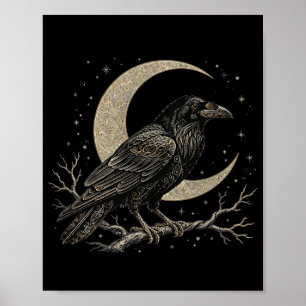 Raven Moon Poster — Gotische Raven & Halve Maan W