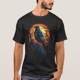 Raven neergestreken op tak onder volle maan t-shirt