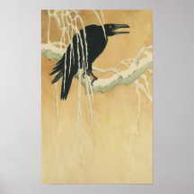 Raven on a tree branch illustration gold black
