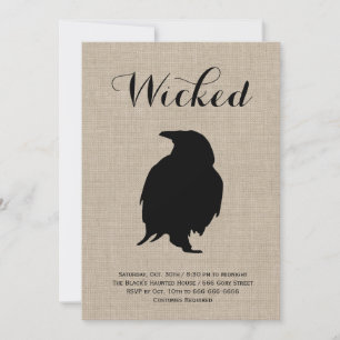 Raven on Burlap Halloween Party Invitation Kaart