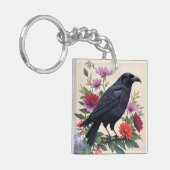 Raven op Branch Kleurrijke Bloemenkunst Sleutelhanger (Voorkant Links)