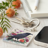 Raven op Branch Kleurrijke Bloemenkunst Sleutelhanger (Voorkant Rechts)