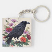 Raven op Branch Kleurrijke Bloemenkunst Sleutelhanger (Achterkant)