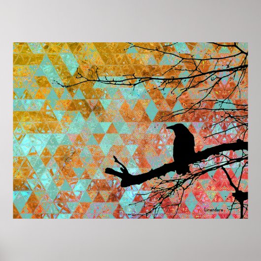 Raven op de Boom en oude quilt sky Poster (Voorkant)