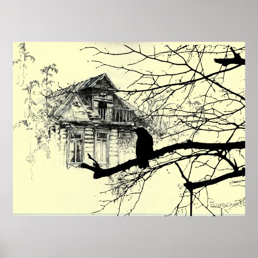 Raven op de boom, Huis in Ruins Poster (Voorkant)