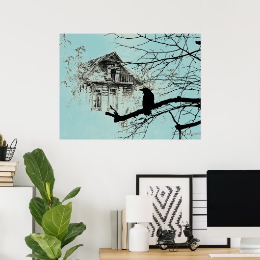Raven op de boom, Huis in Ruins Poster (Thuiskantoor)