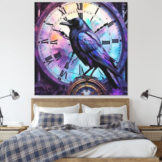 Raven op de klok Waterverf Canvas Afdruk (Insitu (Slaapkamer))