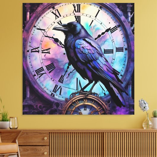 Raven op de klok Waterverf Canvas Afdruk (Insitu (Woonkamer))