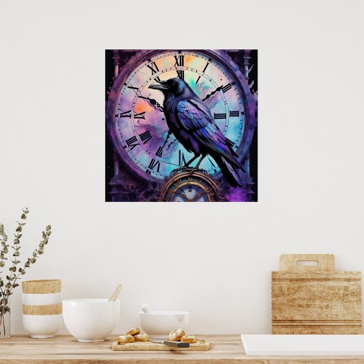 Raven op de klok Waterverf Poster (Keuken)