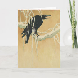 Raven op een boomtak die winterillustratie snijdt kaart