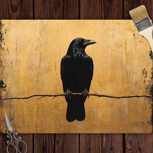 Raven op een Branch Gold Achtergrond Decoupage Tissuepapier