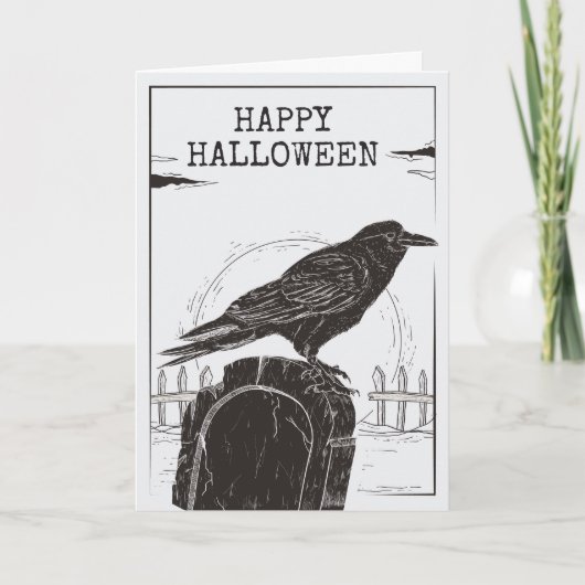 Raven op een grafsteen Halloween Wenskaart Kaart (Voorkant)