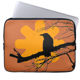 Raven op een tak en zon, bruin, geel laptop sleeve