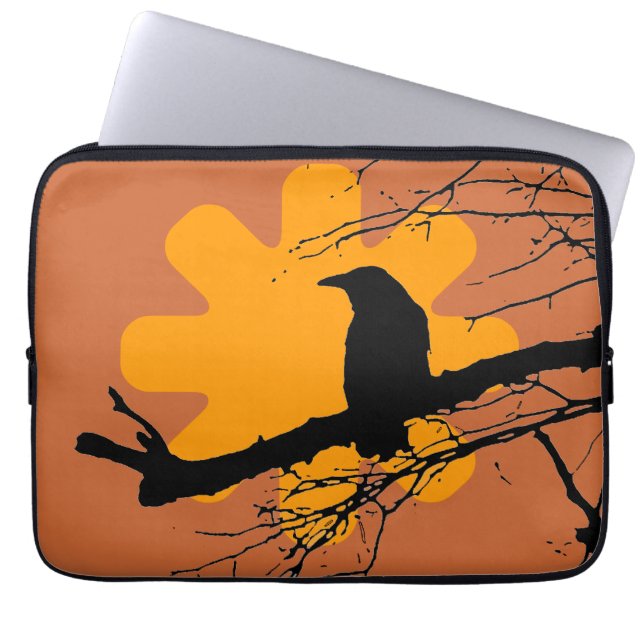 Raven op een tak en zon, bruin, geel laptop sleeve (Voorkant)