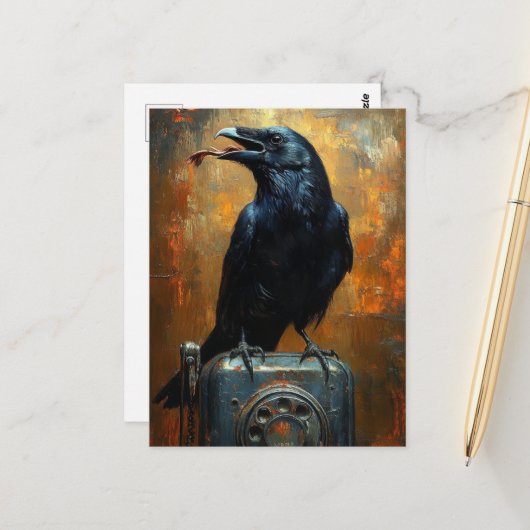 Raven op een telefoon briefkaart (Voorkant / Achterkant in situ)